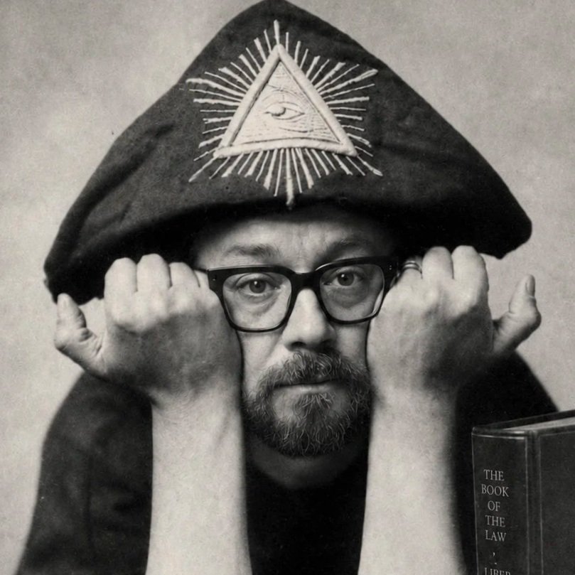 A person with glasses and facial hair wearing a black hat with an eye inside a triangle, surrounded by rays, resting their chin on their hands, looking directly at the camera. There is a book titled 'The Book of the Law' partially visible in the lower right corner.