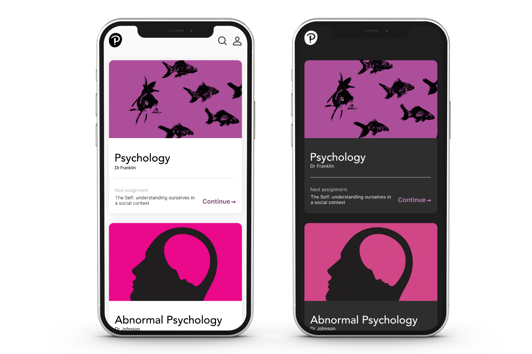 Two smartphones displaying a psychology app with a purple background, black fish illustrations, and pink icons. The app shows the course titled 'Psychology' by Dr. Franklin, with the next assignment listed, and a pink 'Continue' button.