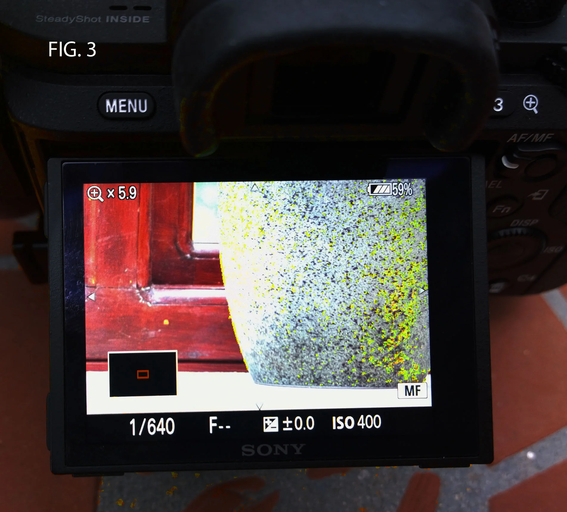 FIG. 3 - With the magnification on, I can focus accurately and quickly. The Yellow overlay shows me what's in focus.