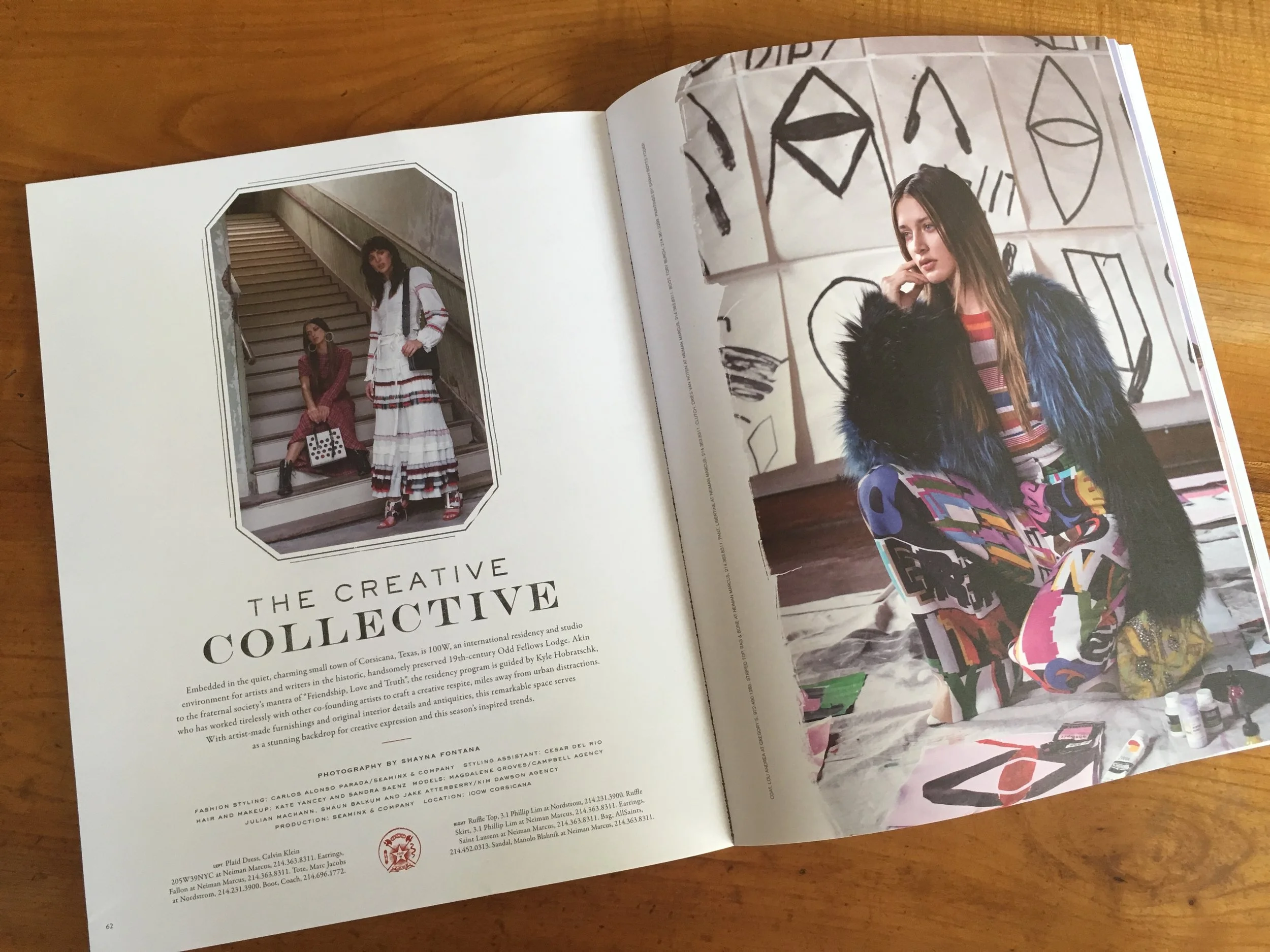 NorthPark Center’s Fall/Winter Magazine paired the talent of photographer Shayna Fontana and stylist Carlos Alonso-Parada within 100W for a fashion shoot backdropped by this 1890s Lodge turned studio space, and the residency works of artist Sarah Boyts Yoder. Produced by Banowetz + Company, Inc. and Seaminx&Co. Hard copies available at the NorthPark Center in Dallas, Texas. Online version here at this link.