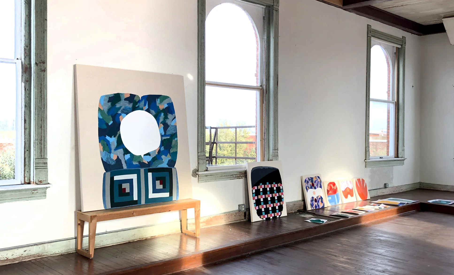 3rd Floor Studio view and a selection of works by Amanda Valdez, Feb-March 2019. Embroidery, hand-dyed fabric, fabric, acrylic, oil stick on mounted paper, black gesso, and canvas