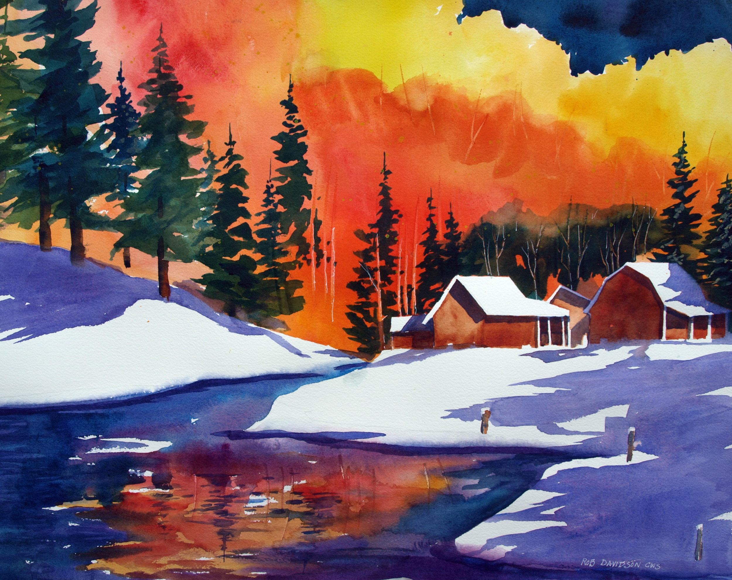 Winter Cabins on Stream 24x18.JPG