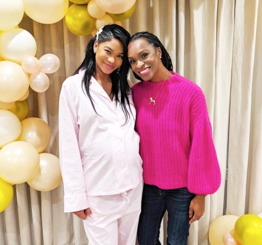 Doula to the stars Latham Thomas in her Maxi Magix the Unicorn necklace by MAS by Morgan Shara with her client Chanel Iman.