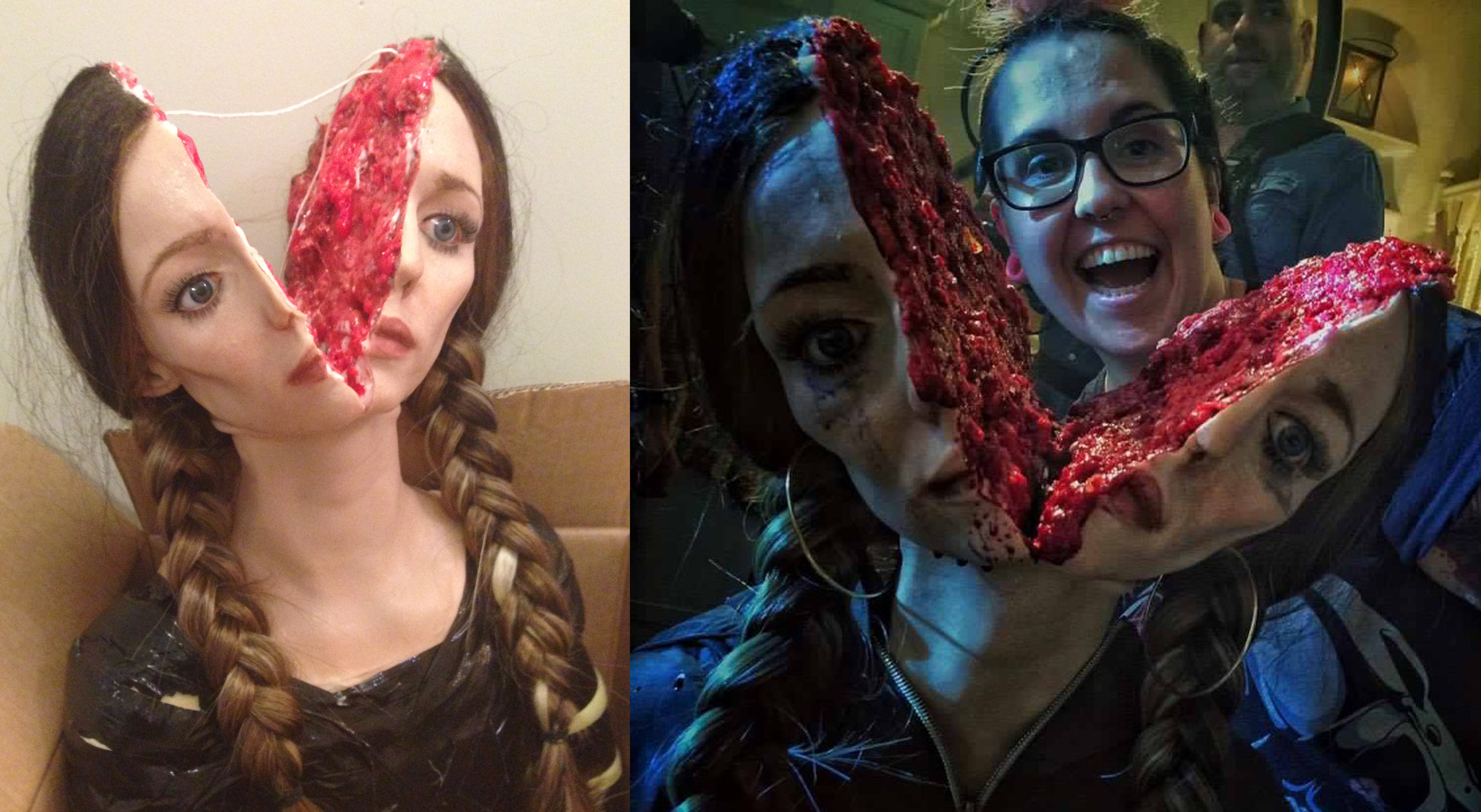 Axe split silicone head of Jessica-Jane Stafford for feature film 'Cannibals & Carpet Fitters'