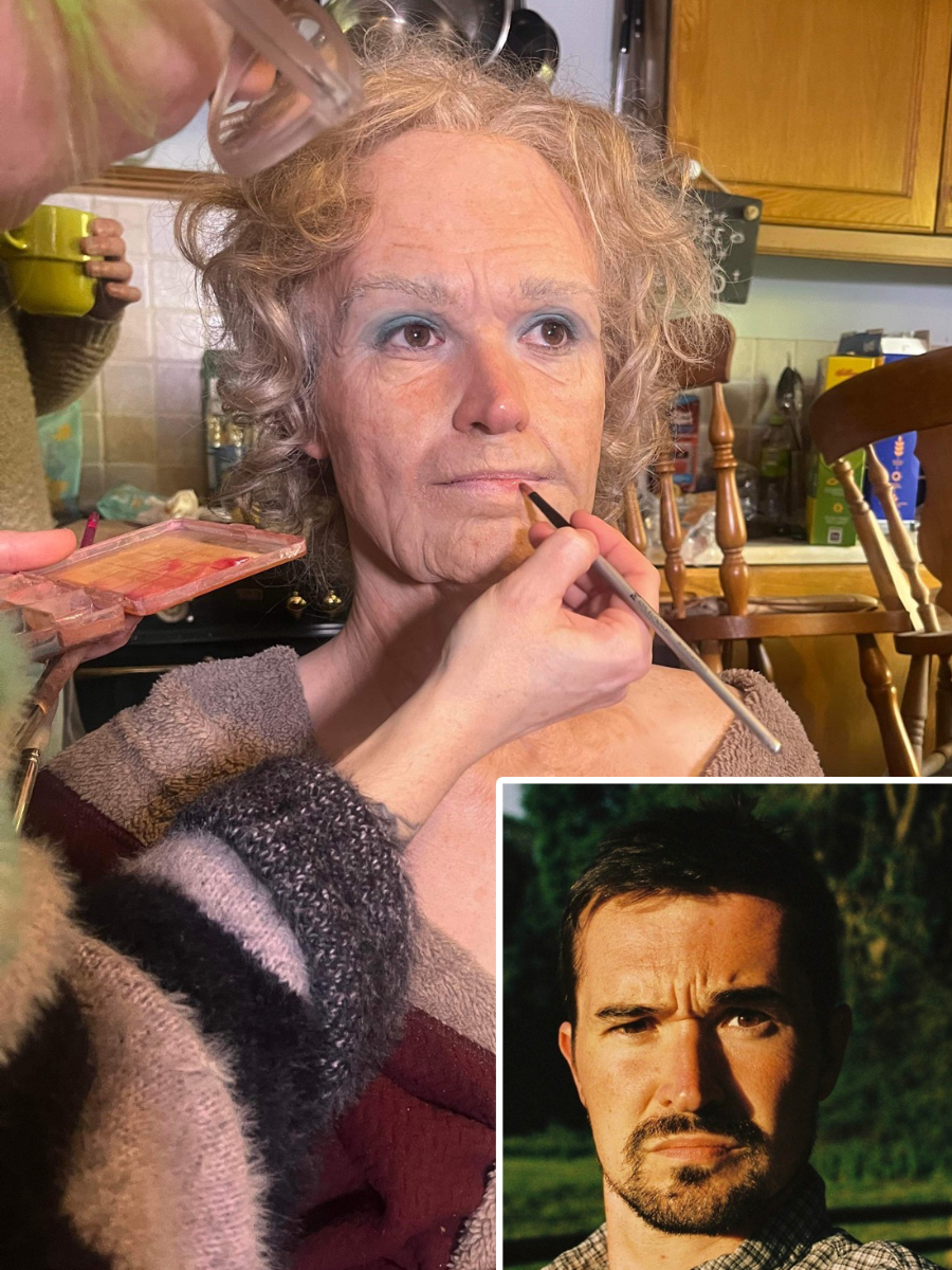 'Mamgu' old-age prosthetic application using generic pieces on James Button for short comedy film 'The Quackening'