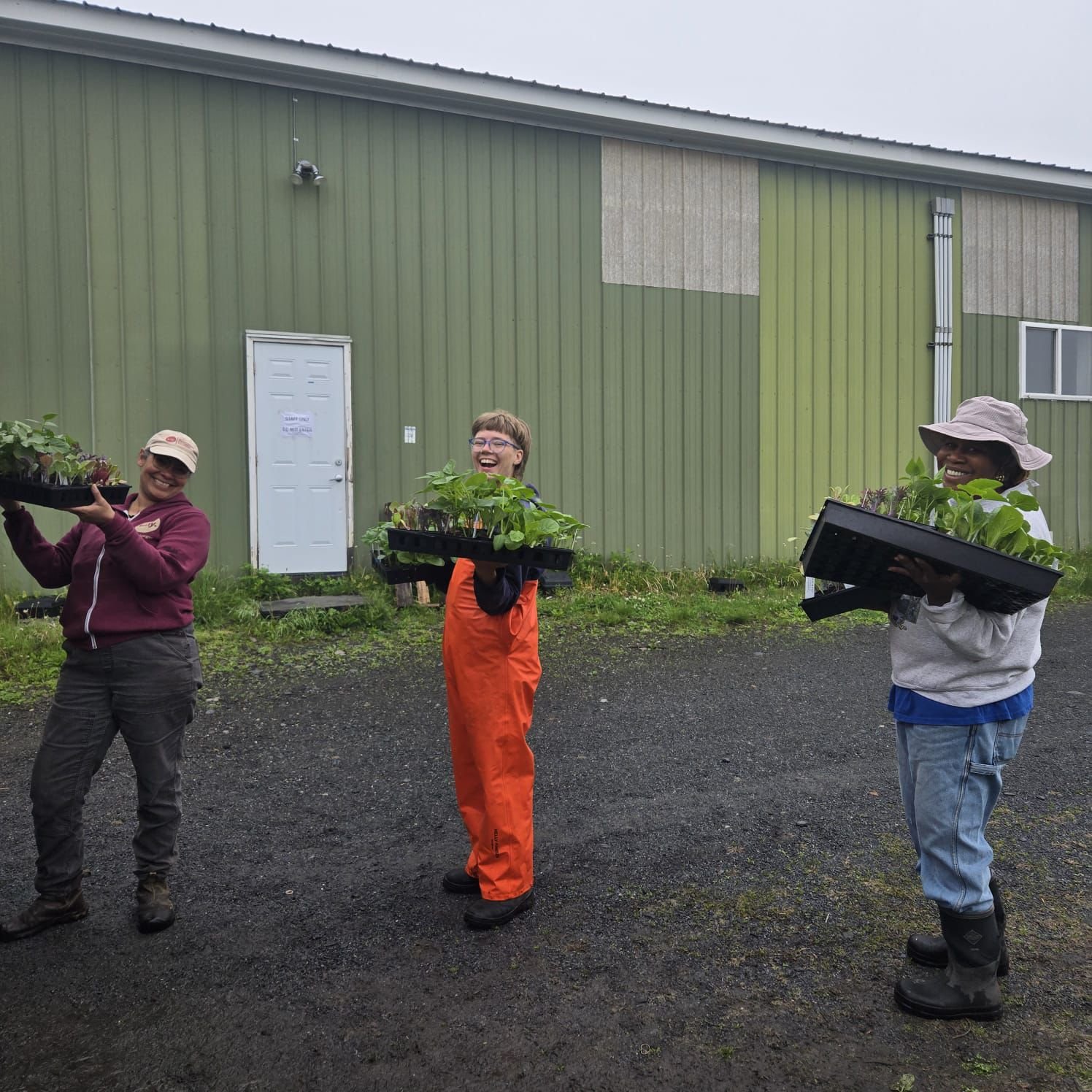 Lorrie, MP and Karen sporting plant trays.JPG