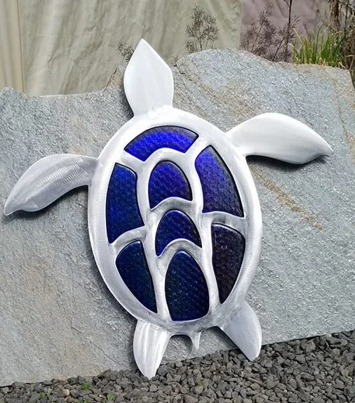 Cobalt Glass and Stainless Steel Turtle Wall Sculpture