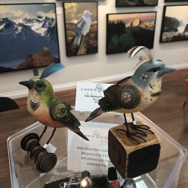 Mullanium bird artists create sculptures from found objects such as watch parts, croquet balls, binoculars and feathers. We are digging them. #mullaniumbirds