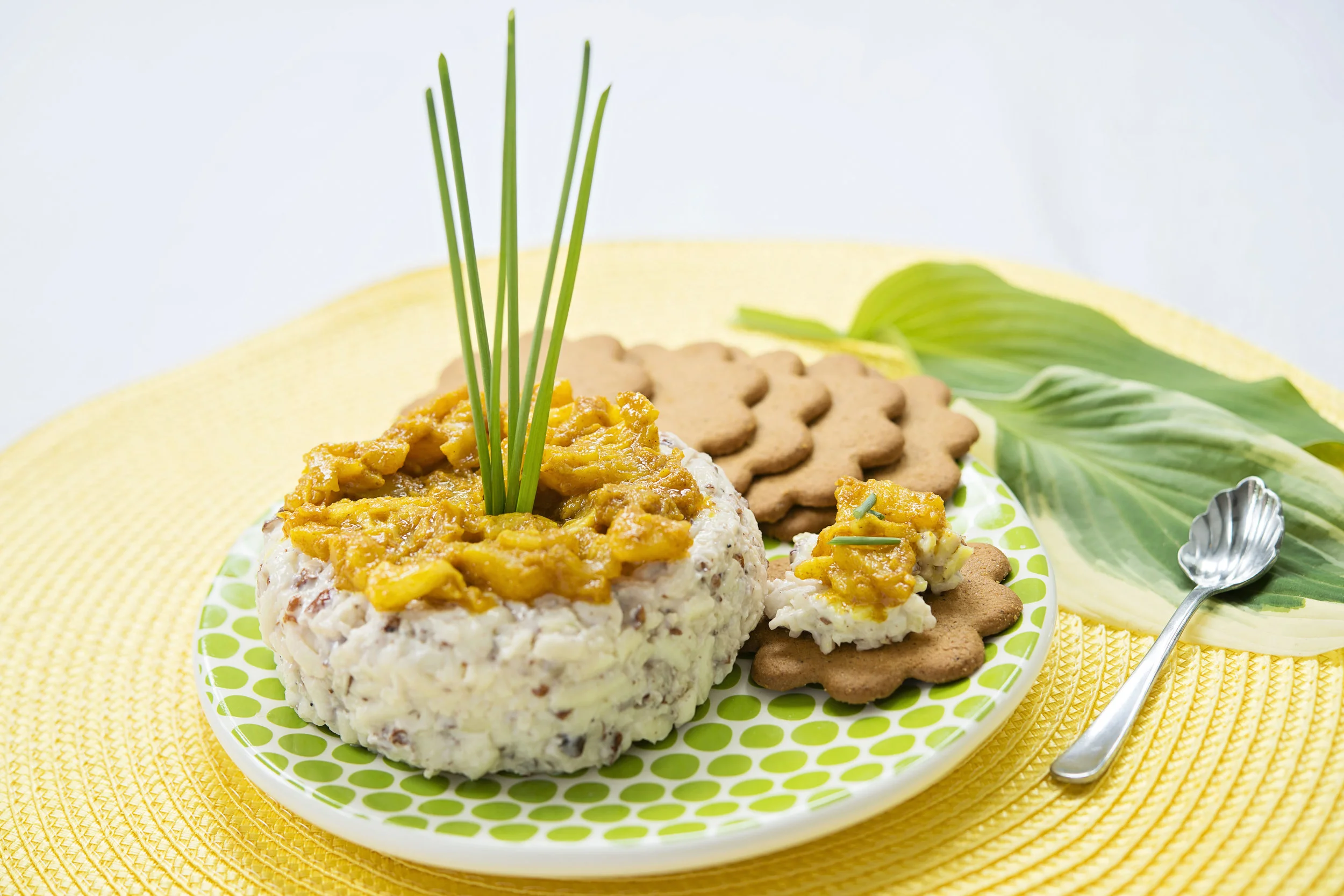  Cheddar and pecan torte with curried caramelized pineapple