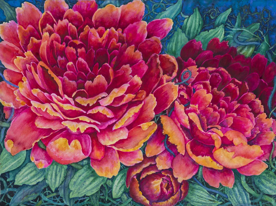 "Paradise Lost" Flower Are Burning Series Collaborative Watercolor22x30 by Mary Kay Neumann and Helen Klebesadel ©Mary Kay Neumann and Helen Klebesadel Collection of West Bend Mutual Insurance Co.