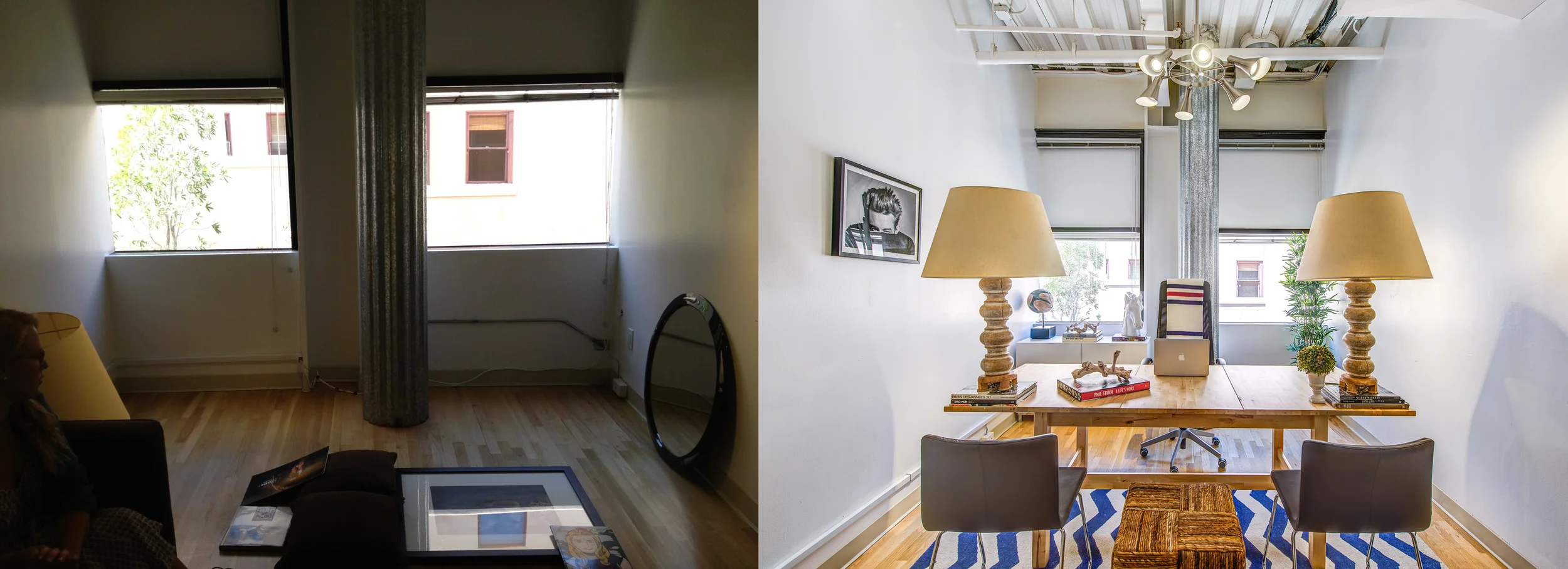 This Santa Monica office space had to function both as a one-man shop, and as a conference room for the international team to fly in and work. I decided rather than using a typical "desk look", instead to use a large dining table to accommodate for multiple users. I then designed the place taking elements of the Venice vintage it surrounds with great photography by Phil Stern, and old-school lamps that were family heirlooms. I then grounded that with the beachy vibe of Santa Monica that the client loves so much with a nautical feel rug, and it was done!