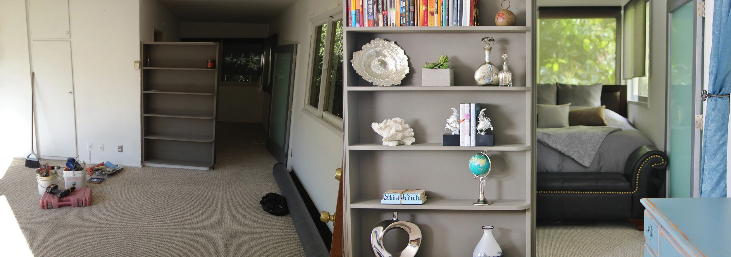 This is a great example of making the most out of what is already there! I simply used the gray shelves, and the gray modern door as my guideline to designing and creating a cohesive style. I pulled chromes, silvers, more grays and pops of color to make it inviting!
