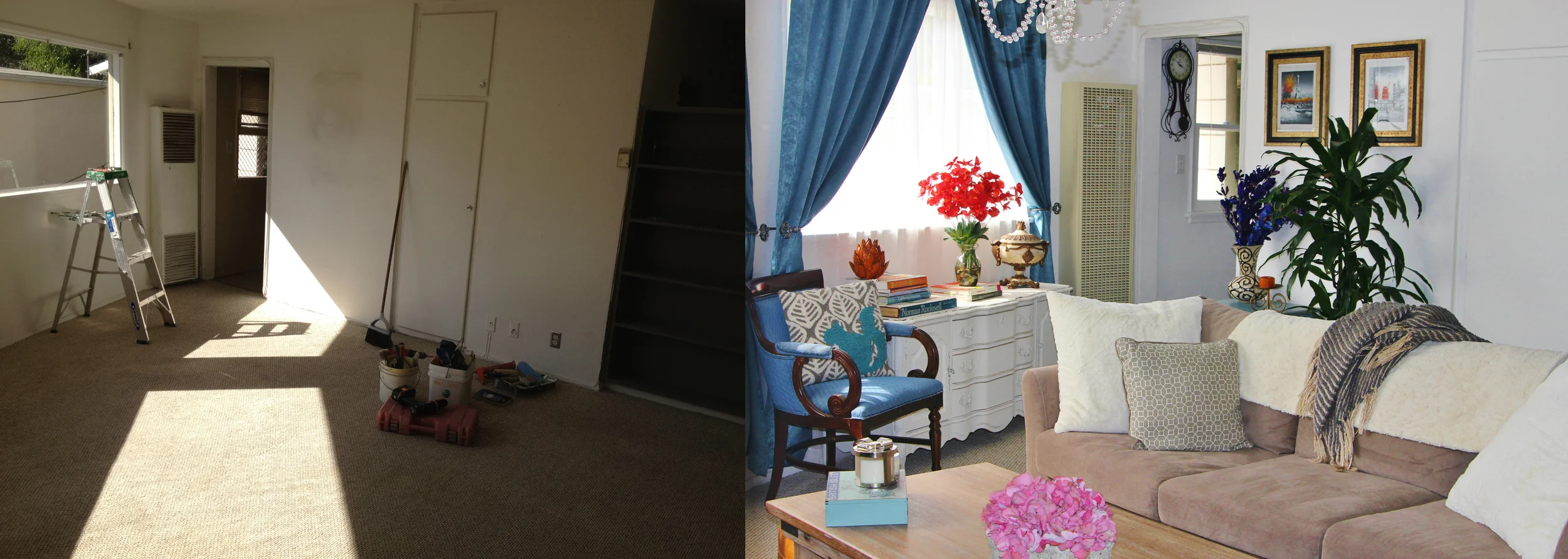 This small space certainly needed a transformation! With a hexagon shape, each wall required it's own special attention. I decided to create vignettes in each area: a reading chair mixed with a console that also doubles as a dresser; an art wall, with a small antique storage unit underneath to be functional yet beautiful. A living room with plush, tame colors to keep it balanced, and warm. All pulled together with similar colors, and variation of textures!