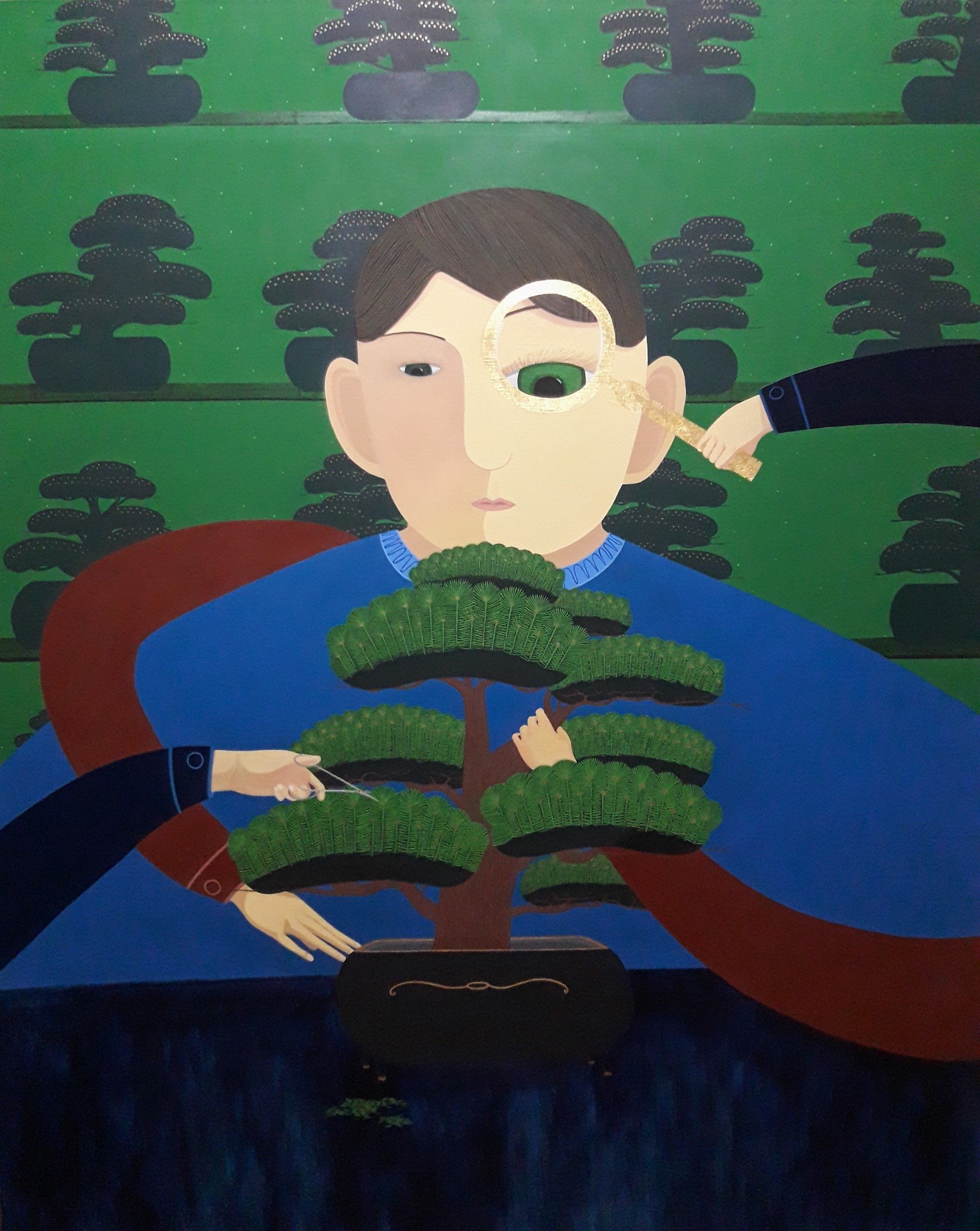 Bonsai Inspector (2021) 130 x 162 cm. Oil on Canvas