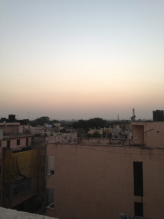The view from the rooftop at Grace Home in Saket, Delhi. Qutab Minar is in the distance. The huge round, red sun sets on the horizon makes for a stunning evening with a cold beer up on the roof.
