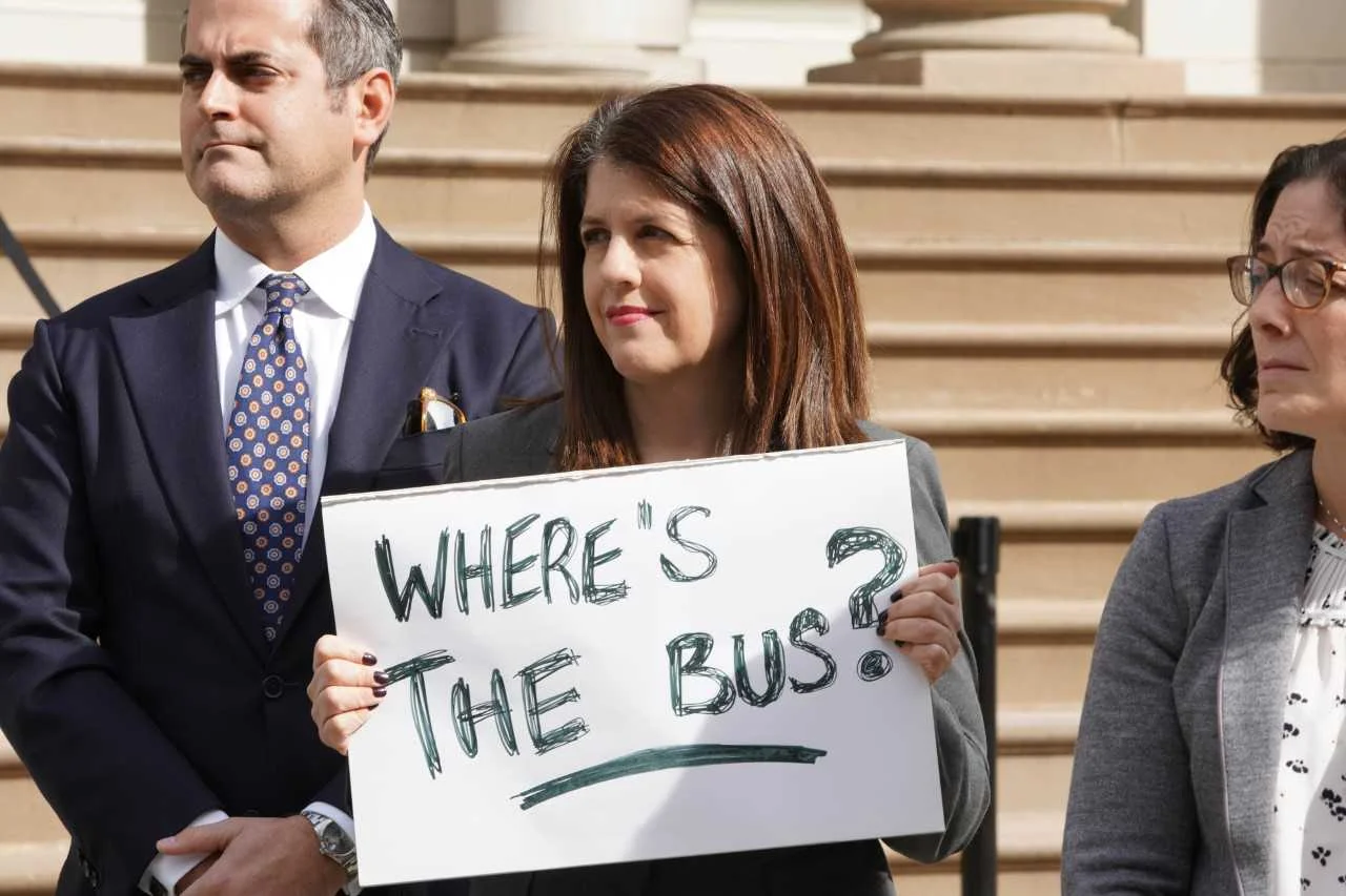 Skyer Law partners Jesse Cole Cutler and Diana Gersten at the press conference prior to the 2018 City Council hearing on school bus problems.