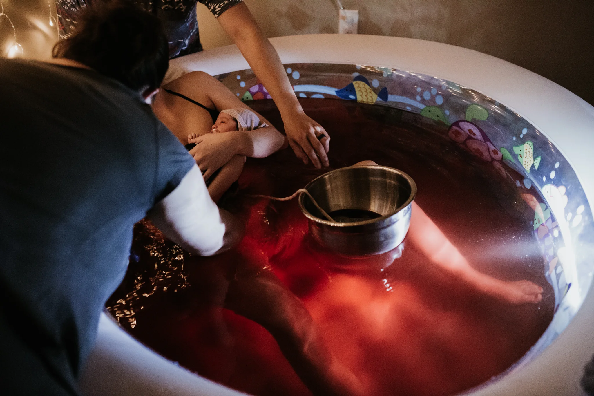 placenta floating in birthing tub