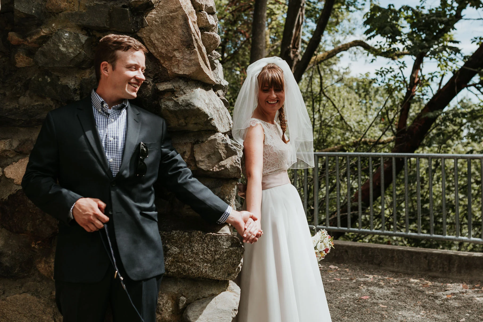 bride and groom having a moment before first look - pnw wedding photography 