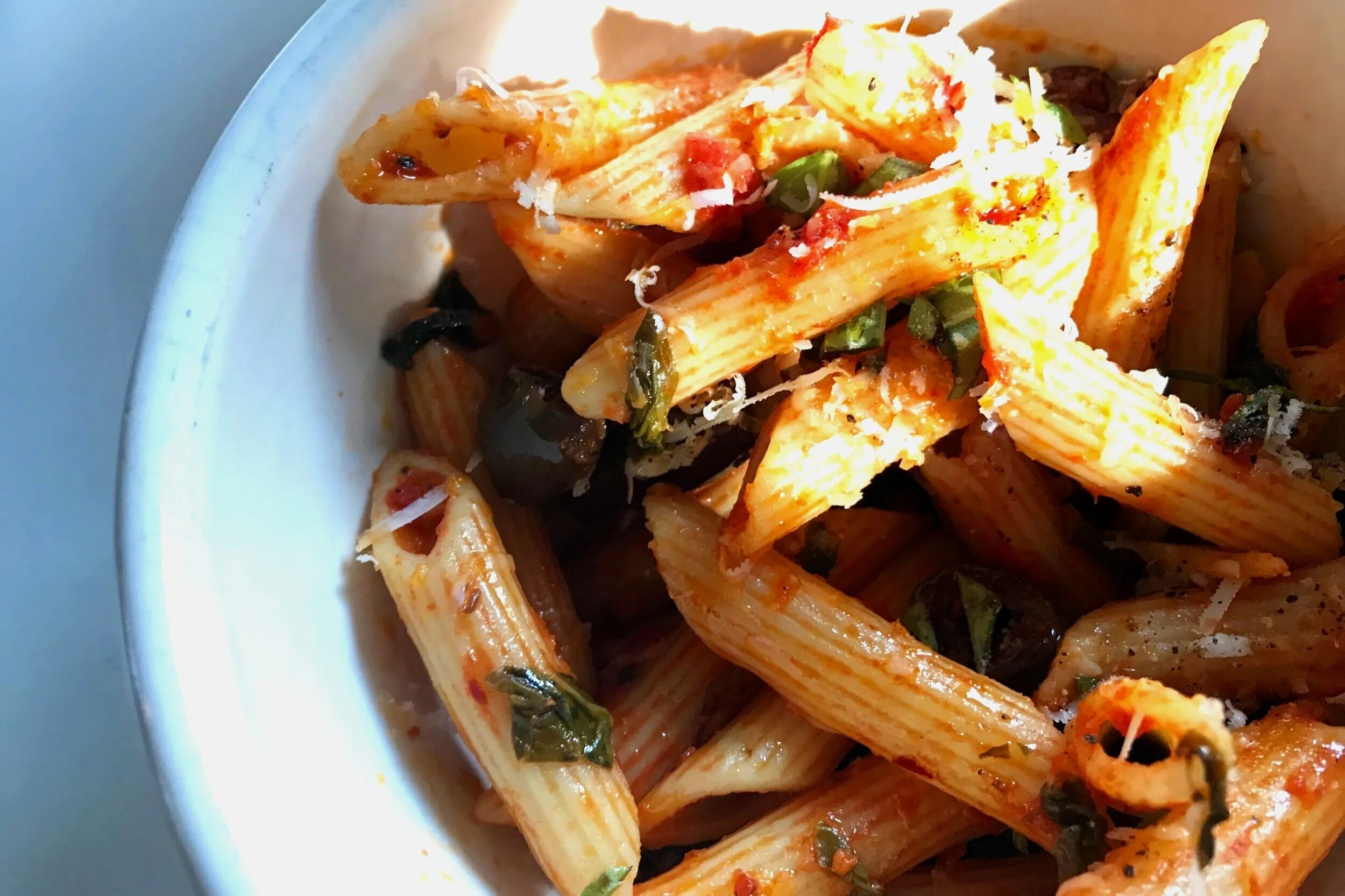 Pasta with Tomatoes, Garlic, Olives, Kale