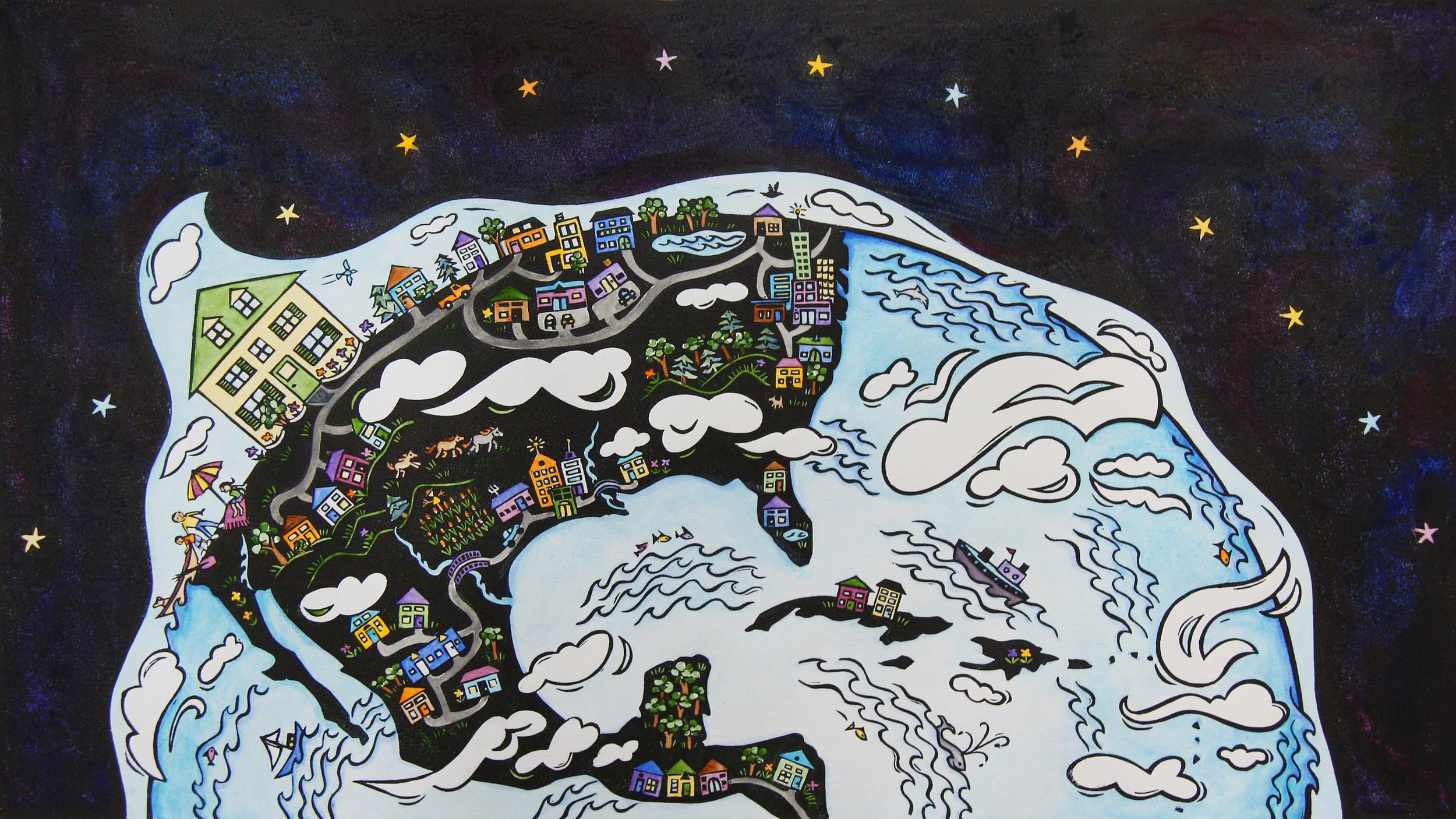 Above is a linocut from a past draft of my book. It's hard to show in one image the whole world, different ways people live, and different environments. But I keep trying.