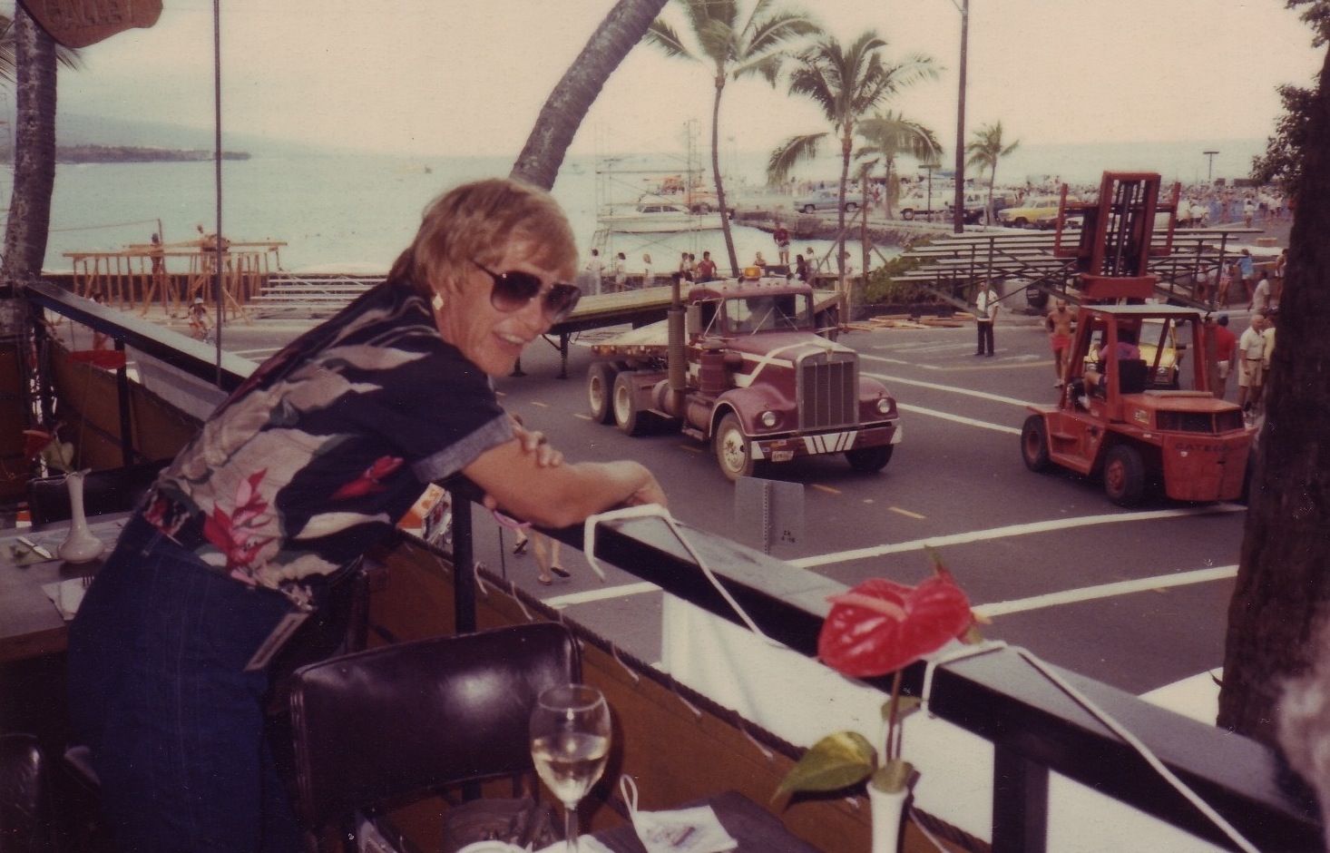 Kay Rhead watches race preparations, Kona. 