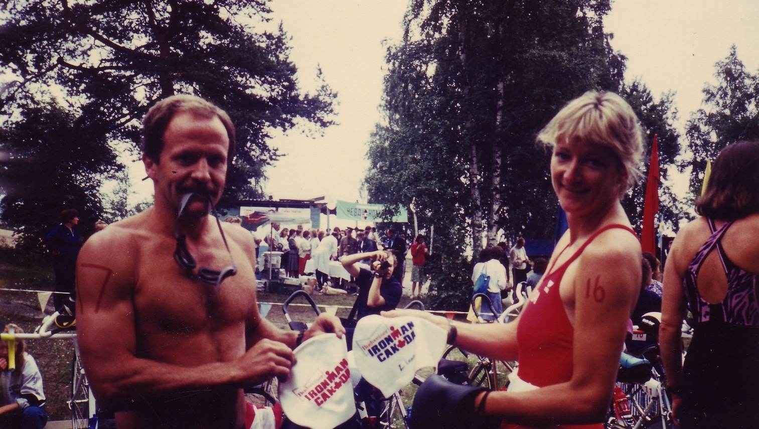 Two Ironman Canada finishers competing in Zelenogorsk. The woman is Carol Truelove. I can't remember the man's name.