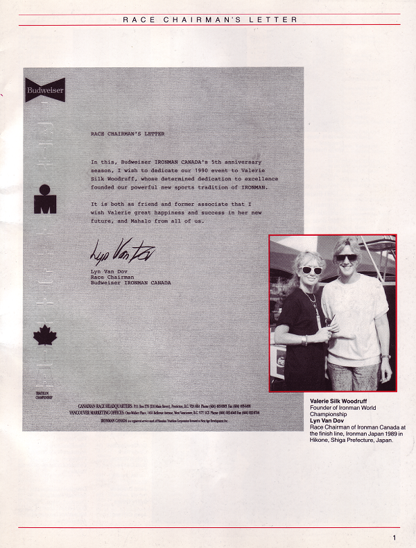 Dedication to Valerie Silk in the 1990 Ironman Canada race program.