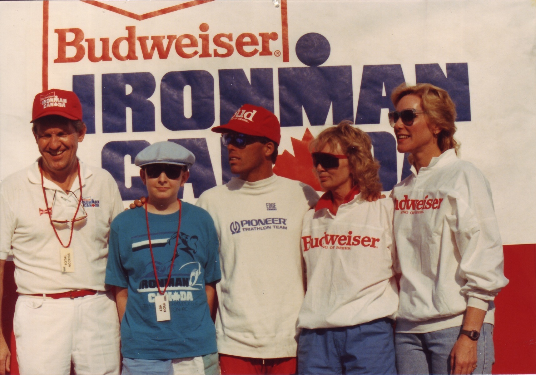 L to R: Howie Larke (Labatt's/Budweiser), a Make-A-Wish Foundation participant, three-time Ironman Canada champion Ray Browning, race director Lynn Van Dove, and Hawaiian Ironman race chairman Valerie Silk