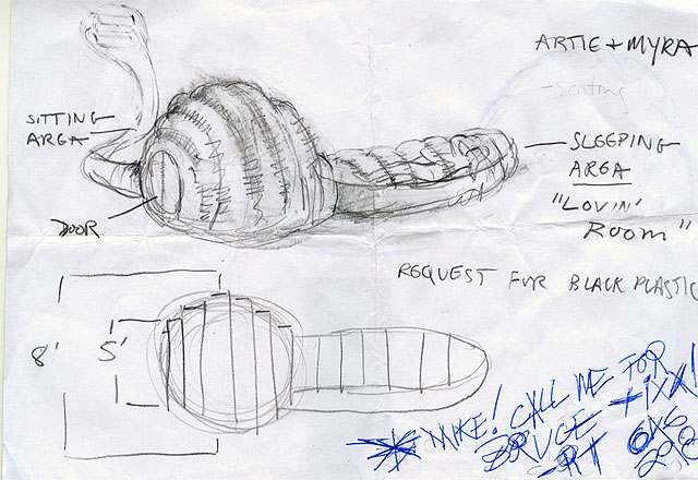   Design process sketches for a shelter built for Artie, a 62-year-old homeless man living near Madison Square Garden. Artie often stands in line for concert tickets at the request of scalpers. For his  para SITE, Artie requested a domed sitting spac