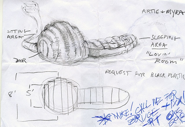 Design process sketches for a shelter built for Artie, a 62-year-old homeless man living near Madison Square Garden. Artie often stands in line for concert tickets at the request of scalpers. For his para SITE, Artie requested a domed sitting space for himself and his girlfriend, Myra, connected to a lower, intimate sleeping area for two, “the lovin’ room.”