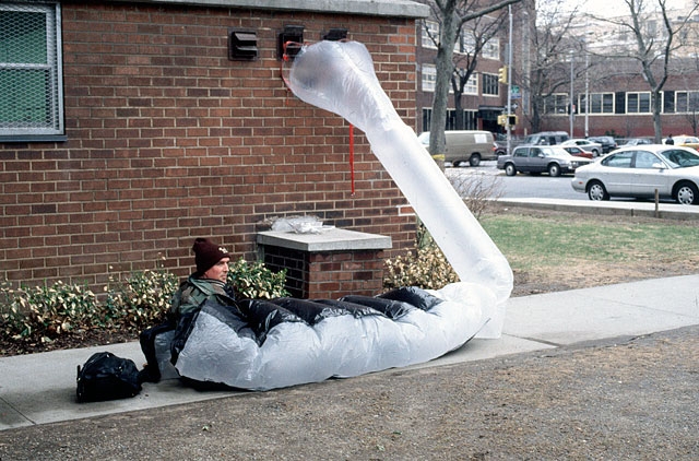   Michael M. using his  para SITE shelter on 26th Street and 9th Avenue in New York. Michael was a homeless man who worked for the United Homeless Organization. He wanted to respond to an obscure anti-tent by-law being enforced by the Giuliani admini