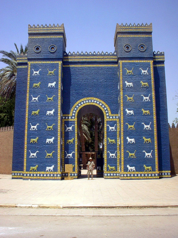   In the 1950s, in the area that was ancient Babylon, the government of Iraq built a three-quarter reconstruction of the Ishtar Gate out of plaster and plywood to replace the original excavated and removed by the Germans. It was meant to stand as the