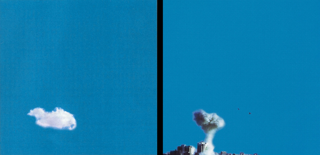 Live in Jerusalem 2010 is a deluxe gatefold vinyl LP recording of Sabreen's concert published by Bidoun. The cover concept for refers to Live Peace in Toronto 1969 , an album documenting a September 13, 1969 performance by the Plastic Ono Band at Varsity Stadium, Toronto. For the cover of Live Peace , John Lennon and Yoko Ono began with Blue , a painting by Yves Klein. The work depicts a sky of pure, sparkling azure; John and Yoko introduced via photo collage the image of a single cloud. “By us putting a cloud there,” Ono said, “it suddenly became the real sky—and the real world—as opposed to perfection.” Live in Jerusalem takes the same Klein painting, collaged now with a photographic image of the aerial bombardment of Gaza in January 2009, correcting the utopic perfection proposed in John and Yoko’s gesture by imposing a darker cloud upon Klein’s idealized sky.