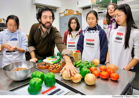 Cooking and eating a meal of amba salad, kubba, and debes wa’ rashi with students from Saratoga High School at Villa Montalvo at the Montalvo Arts Center in California. One student, named Connie Sheng, said “One day, it would be nice to know what it feels like to proud of my country.”