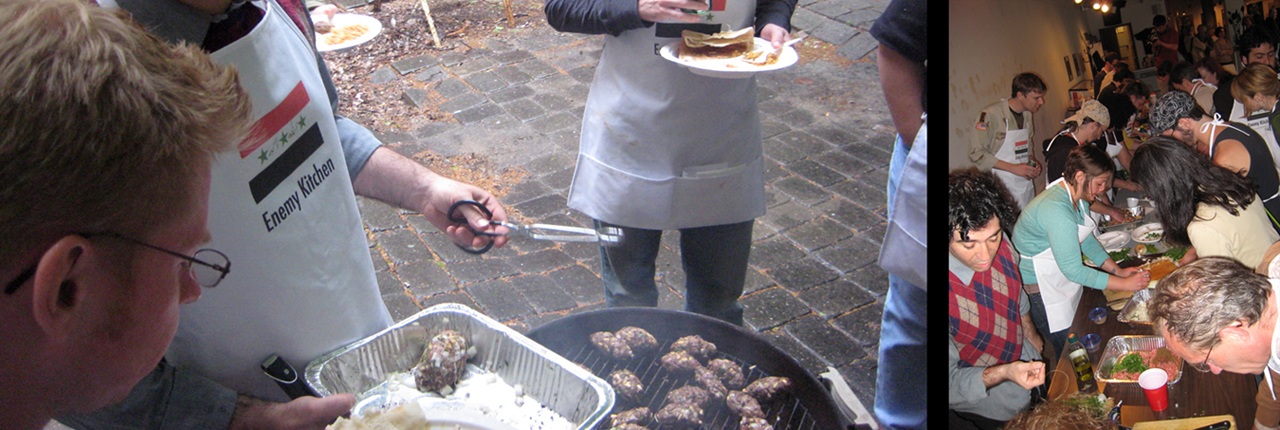     Enemy Kitchen barbecue at The National Vietnam Veterans Art Museum on Memorial Day, 2009. Together with members of the Chicago chapters of Iraq Veterans Against The War (IVAW) and Vietnam Veterans Against The War (VVAW), we cooked Iraqi kofta on 