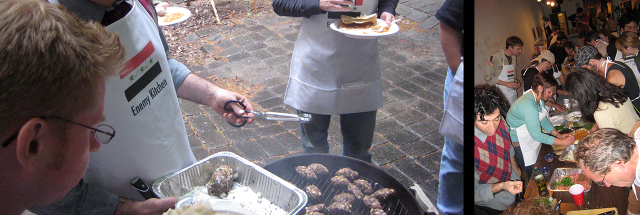 Enemy Kitchen barbecue at The National Vietnam Veterans Art Museum on Memorial Day, 2009. Together with members of the Chicago chapters of Iraq Veterans Against The War (IVAW) and Vietnam Veterans Against The War (VVAW), we cooked Iraqi kofta on the grill instead of traditional hot dogs and hamburgers.