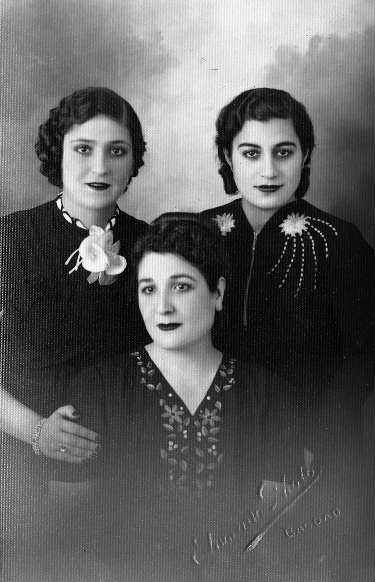 My grandmother, Renée Isaac David (Née Shamoon), center, with her sister Marcel, left, and her friend Leoni. Baghdad, Iraq, ca. 1940.