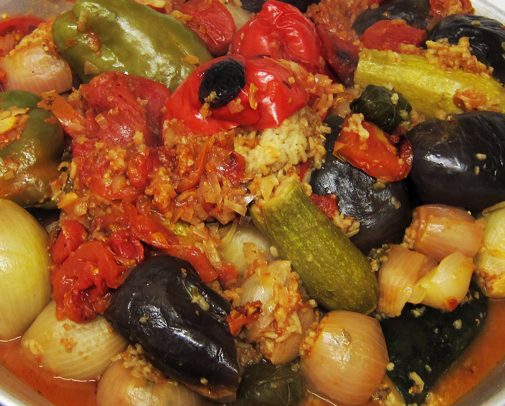 Mhasha , a dish consisting of stuffed grape leaves, aubergines, courgettes, peppers, onions and tomatoes. Cooked and served on the final night, May 7, 2013.