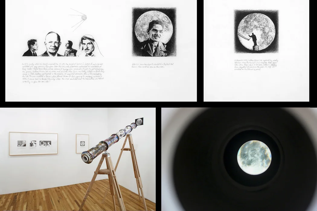 The project’s final image is of Hussein’s face on the moon—the moon every boy and world leader dreamed of reaching—seen through a telescope whose shape is derived from Bull’s ill-fated Project Babylon supergun, and is constructed from the boxes of toy military models. Rumors of this lunar vision spread on the night Hussein was hanged, echoing rumors that had circulated four decades earlier, the night of the execution of Qassim, the Iraqi ruler who Saddam eventually replaced. 