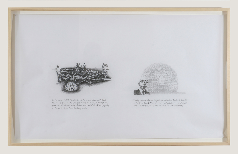 A series of drawings demonstrate the lineage of events, ranging from the failure of Buckminster Fuller’s first full-size geodesic structure in 1948 at Black Mountain College; through the use of Expo 67’s futuristic ruins as the backdrop for a sci-fi television show; and onward to the 2004 demise of the Montreal Expos, the baseball team that played in the infamous Stade Olympique, built for the 1976 Olympics but never completed.