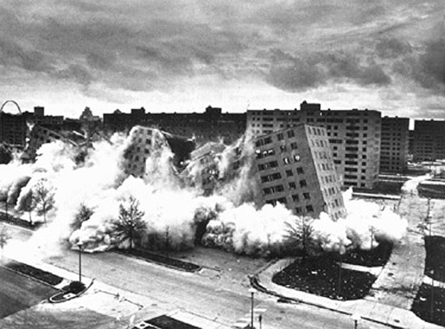 The hush, like that of a football crowd awaiting the outcome of a crucial place kick in the last seconds of a bowl game, was ended by sharp explosions. As the reinforced steel and concrete building crumbled into rubble a spontaneous shout arose from the spectators. - St. Louis Post-Dispatch , April 22, 1972, the day after the second Pruitt-Igoe building was imploded 