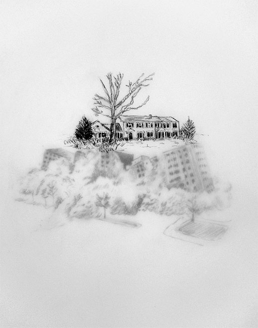 15 drawings depicting mansions built atop Pruitt-Igoe’s ruins in Ladue, MO are displayed along the platform (2 sheets of vellum each)