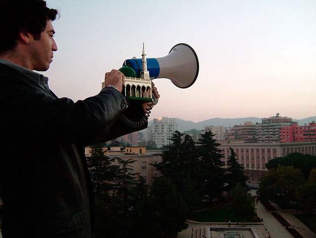   Enver Hoxha Monument (Pyramide), Tirana, Albania 2005 performed as part of the Tirana Biennale    