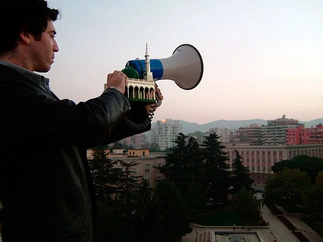 Enver Hoxha Monument (Pyramide), Tirana, Albania 2005 performed as part of the Tirana Biennale