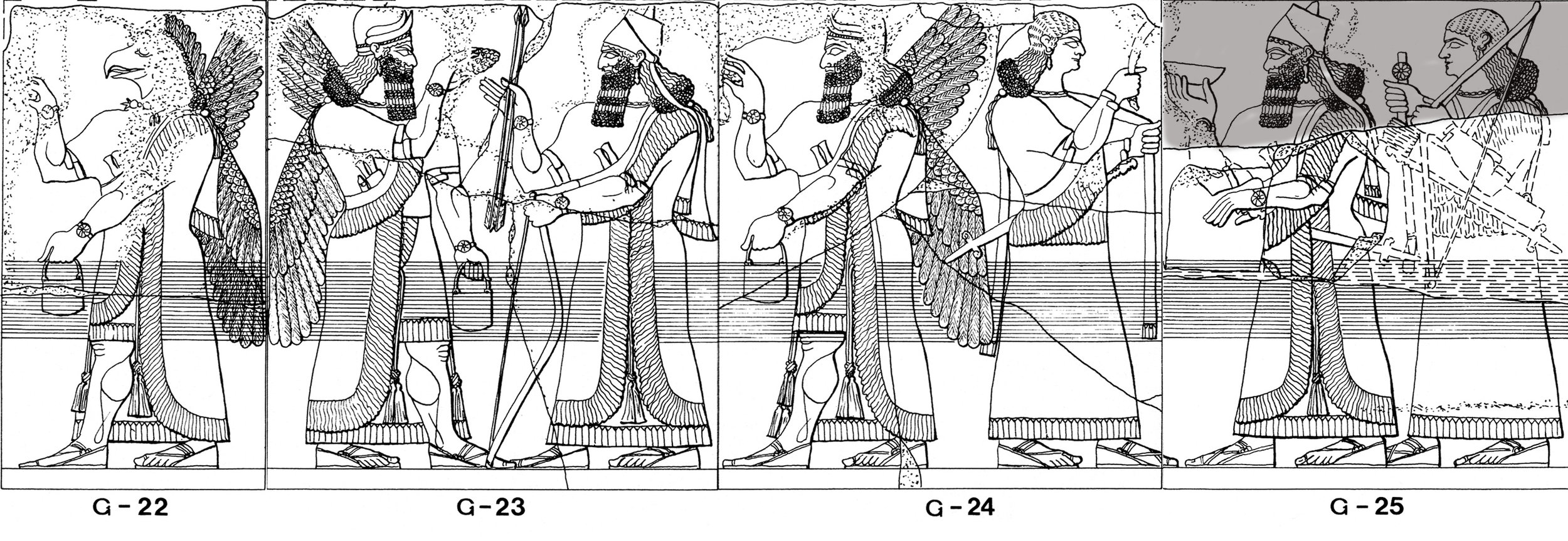  Drawings of Northwest Palace panels by archaeologist A. H. Layard and other artists from Nimrud.  Room G panels 