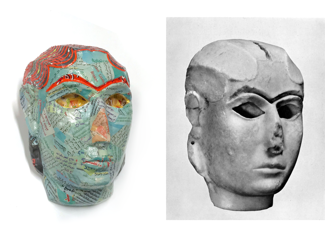 IM45434
Statue head; eyes originally inlaid; borings on top and reverse to attach hair piece