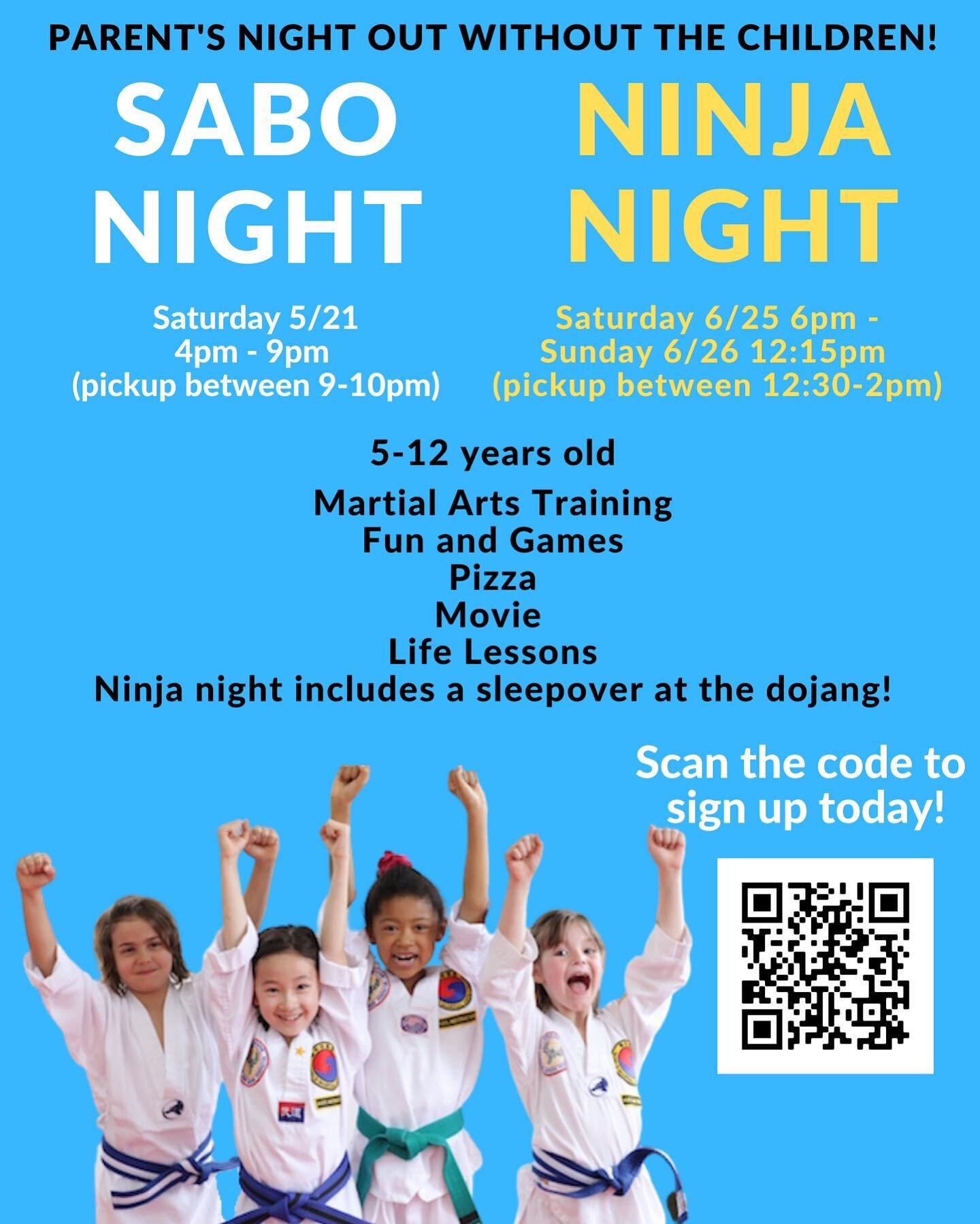 Parents Deserve a Night Off!

Enjoy a night out while the kids have fun with us! 

LINK IN BIO. Click on &lsquo;Events&rsquo;. 

#Wmac #health #wellness #fitness #martialarts #martialartists #warrior #hapkido #newyork #nyc #brooklyn #dojang #strength