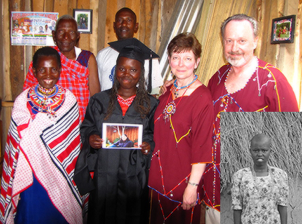  Sanaipei in the cap and gown for her graduation 'party,' arranged by her sponsors, Tony and Therese, 2008. Her father, Lolkinyiei, mother, Tayana, and her brother, Amashon; inset at the start of her sponsorship, 2005. 