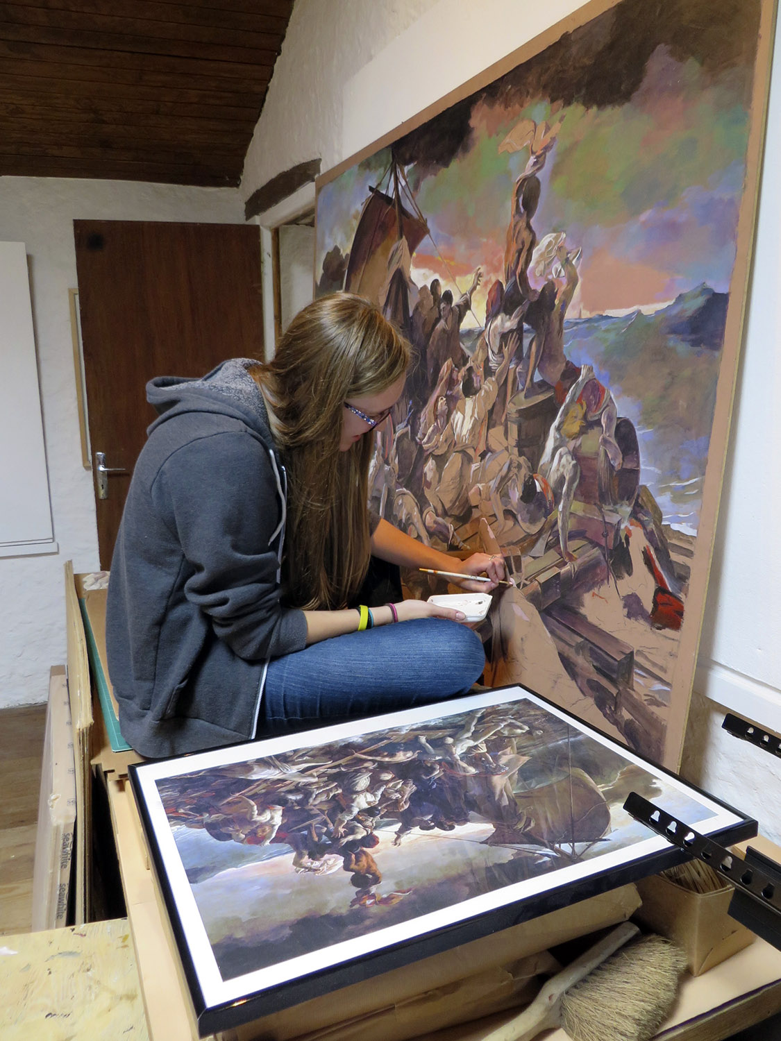  high school student working on a painting study of raft of the medusa&nbsp; 