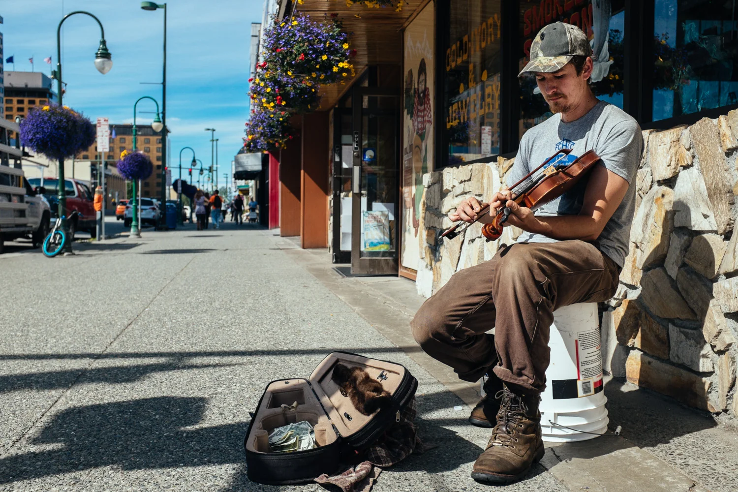 This guy was playing his heart out on the fiddle right outside a popular Anchorage gift shop on 4th Avenue. 